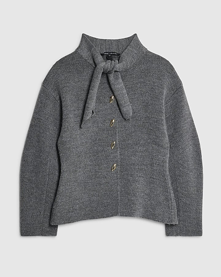 Grey Knitted Tie Neck Cardigan