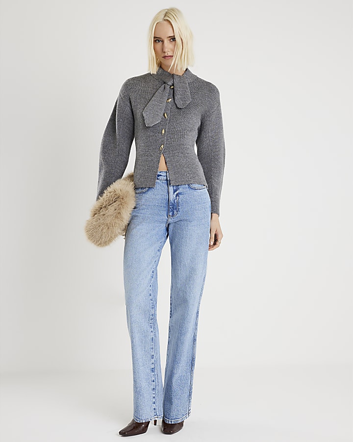 Grey Knitted Tie Neck Cardigan