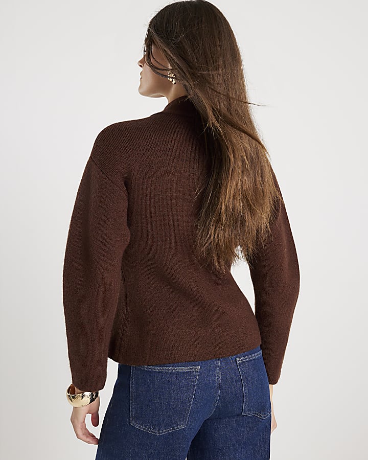 Brown Knitted Tie Neck Cardigan