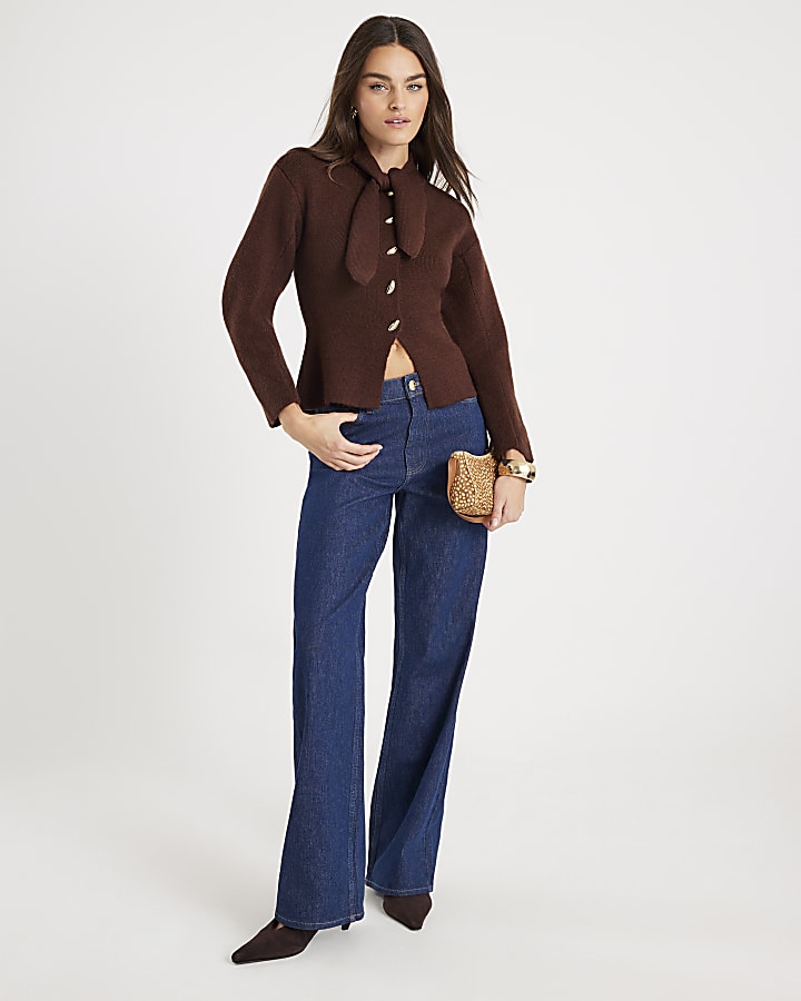 Brown Knitted Tie Neck Cardigan