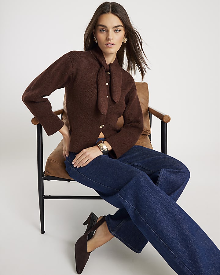 Brown Knitted Tie Neck Cardigan