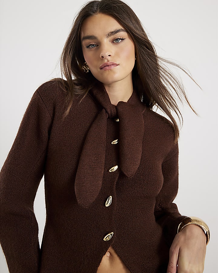 Brown Knitted Tie Neck Cardigan
