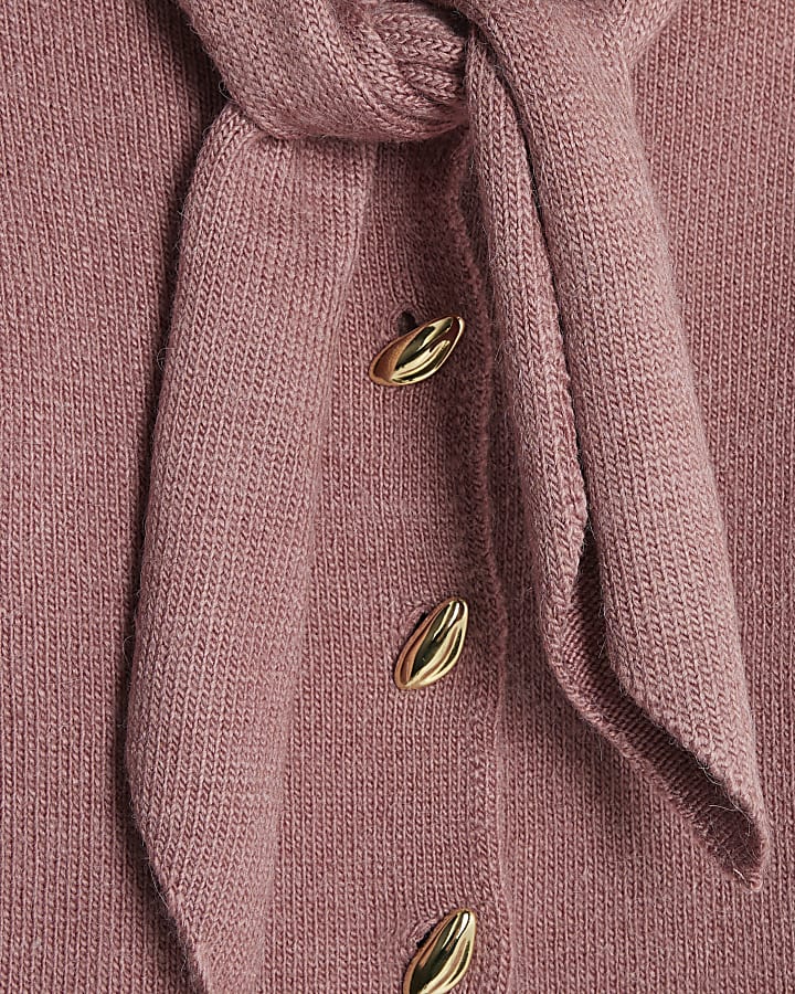 Pink Knitted Tie Neck Cardigan