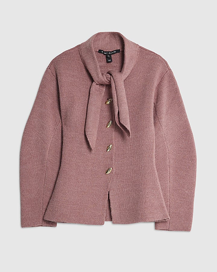 Pink Knitted Tie Neck Cardigan