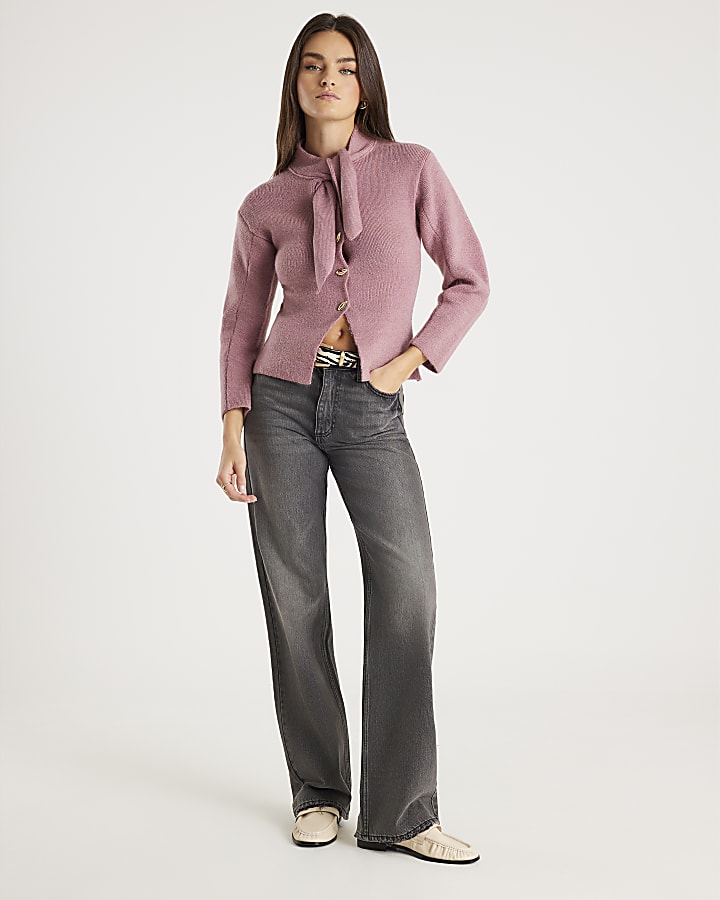 Pink Knitted Tie Neck Cardigan