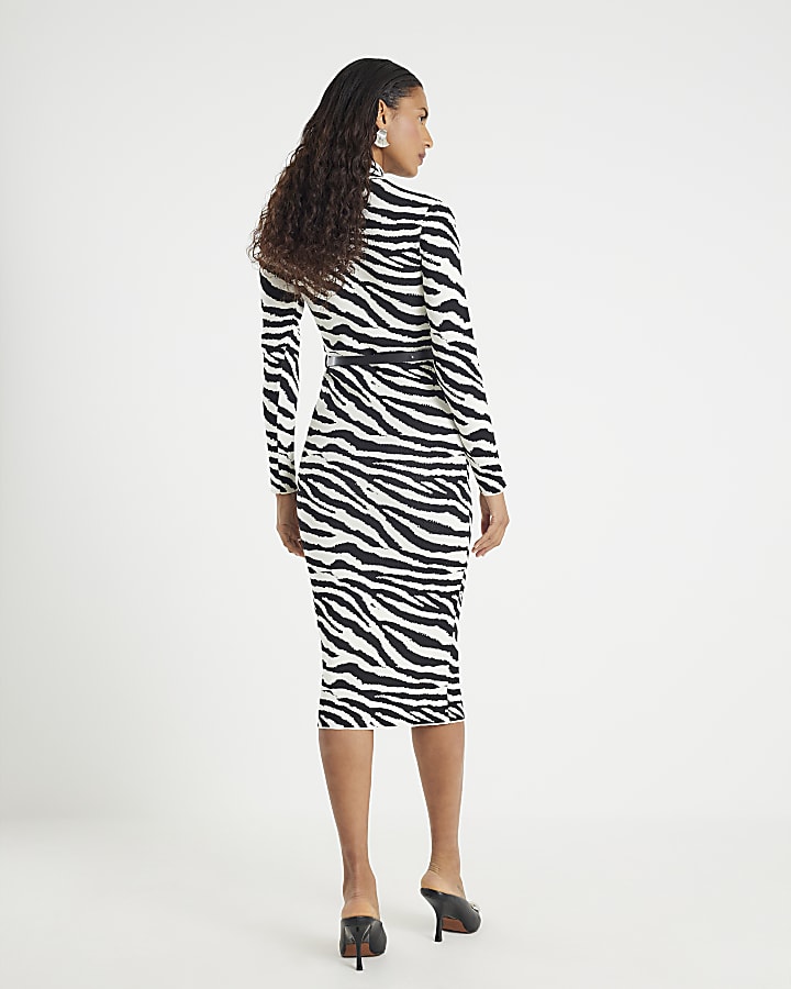 Black Knit Zebra Belted Midi Dress