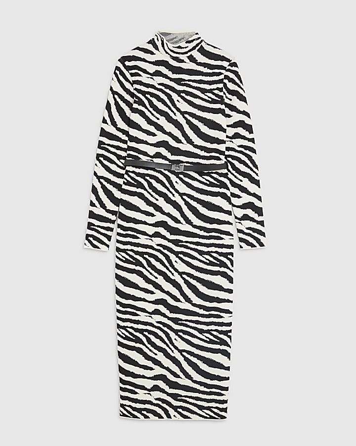 Black Knit Zebra Belted Midi Dress