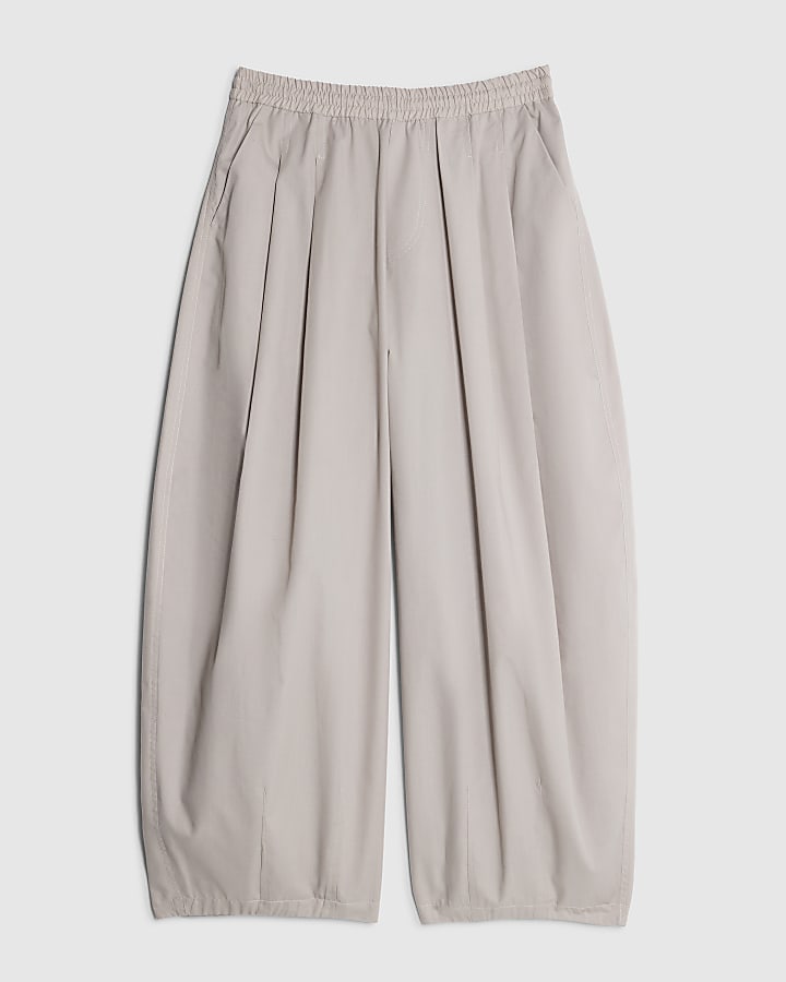 Beige Poplin Barrel Leg Trousers