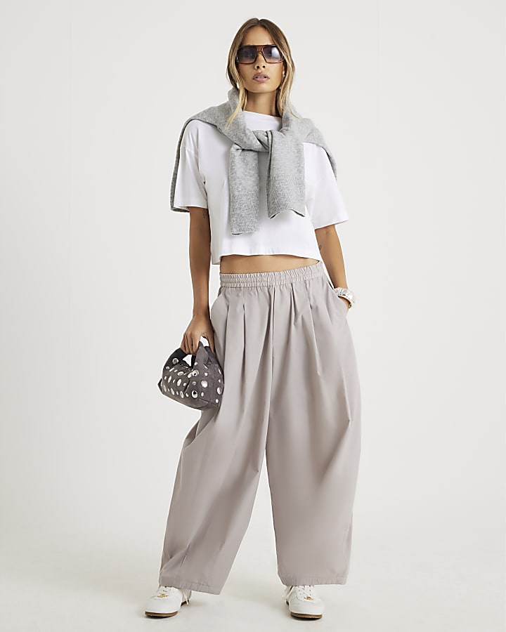 Beige Poplin Barrel Leg Trousers