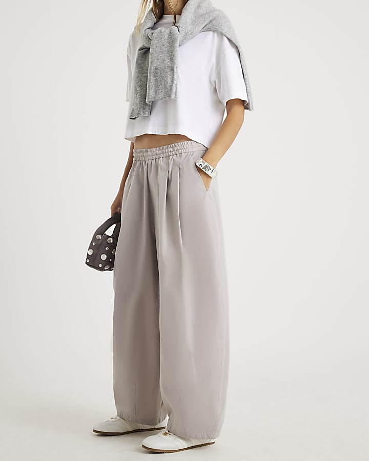 Beige Poplin Barrel Leg Trousers