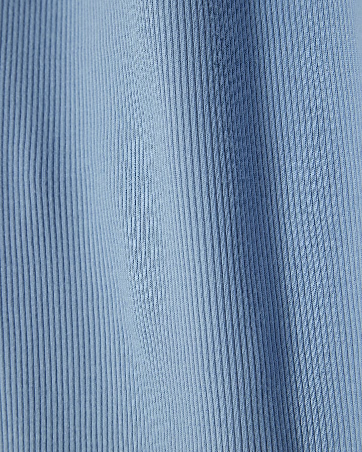 Blue Long Sleeve Ribbed Crew Neck Top