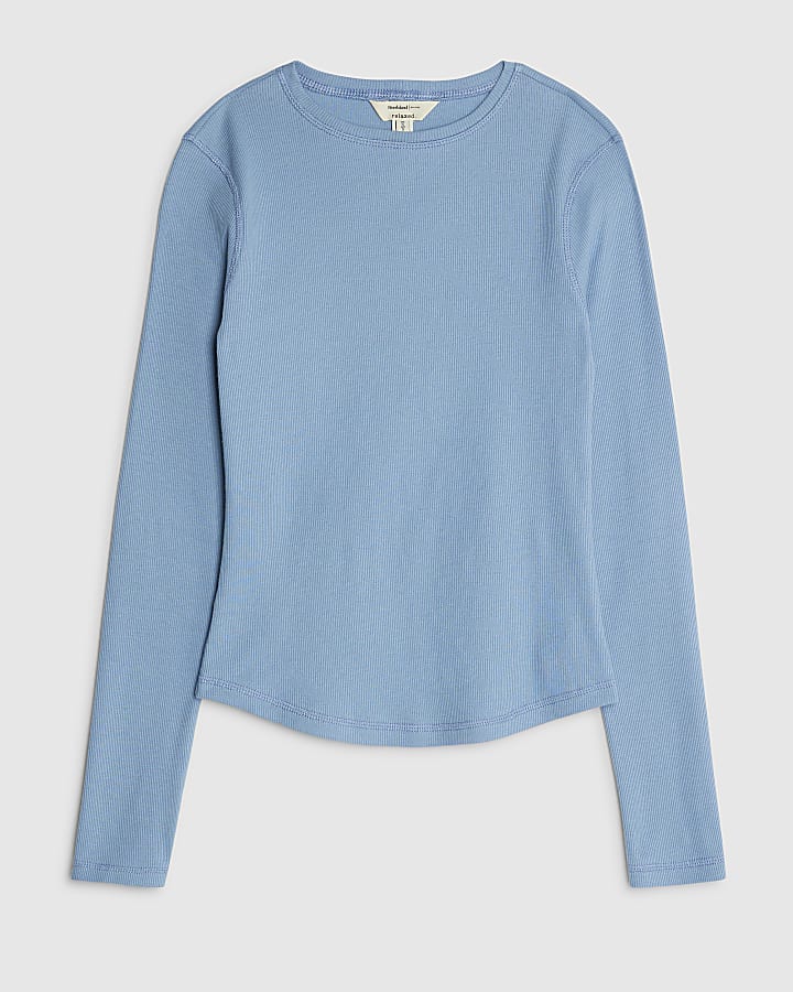 Blue Long Sleeve Ribbed Crew Neck Top