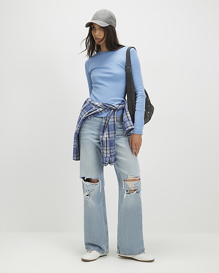 Blue Long Sleeve Ribbed Crew Neck Top