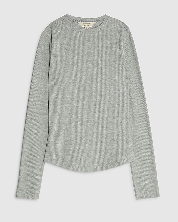 Grey Long Sleeve Ribbed Crew Neck Top