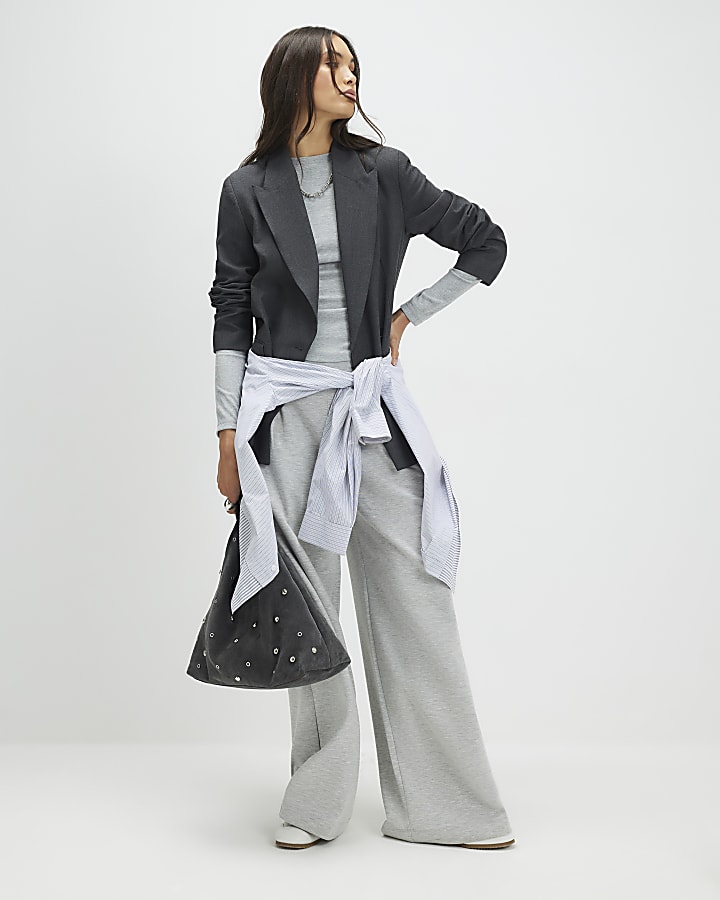 Grey Long Sleeve Ribbed Crew Neck Top