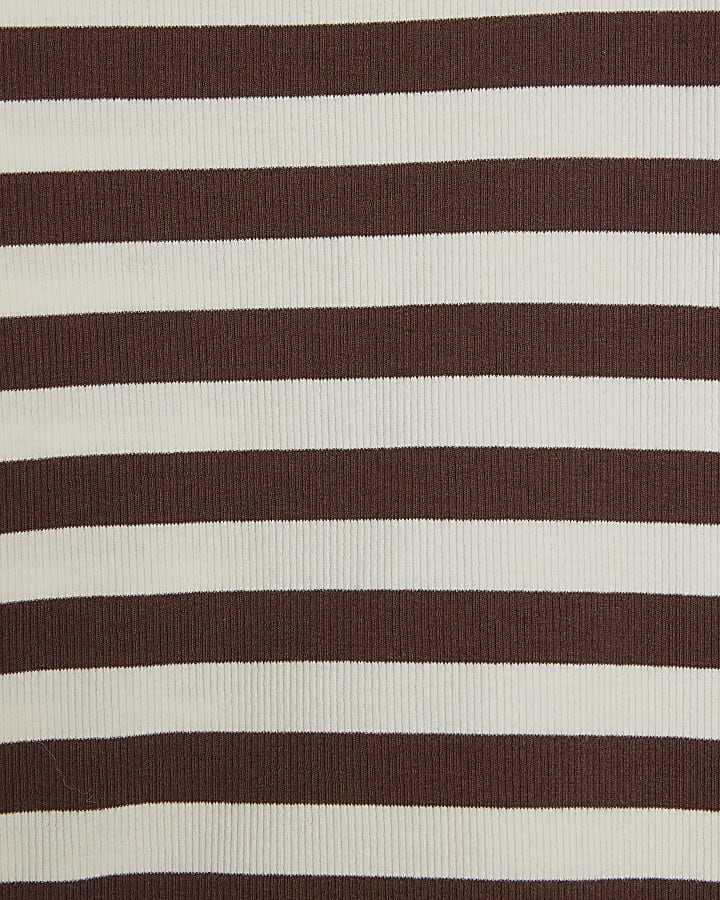Brown Short Sleeve Fitted Striped Ribbed Top