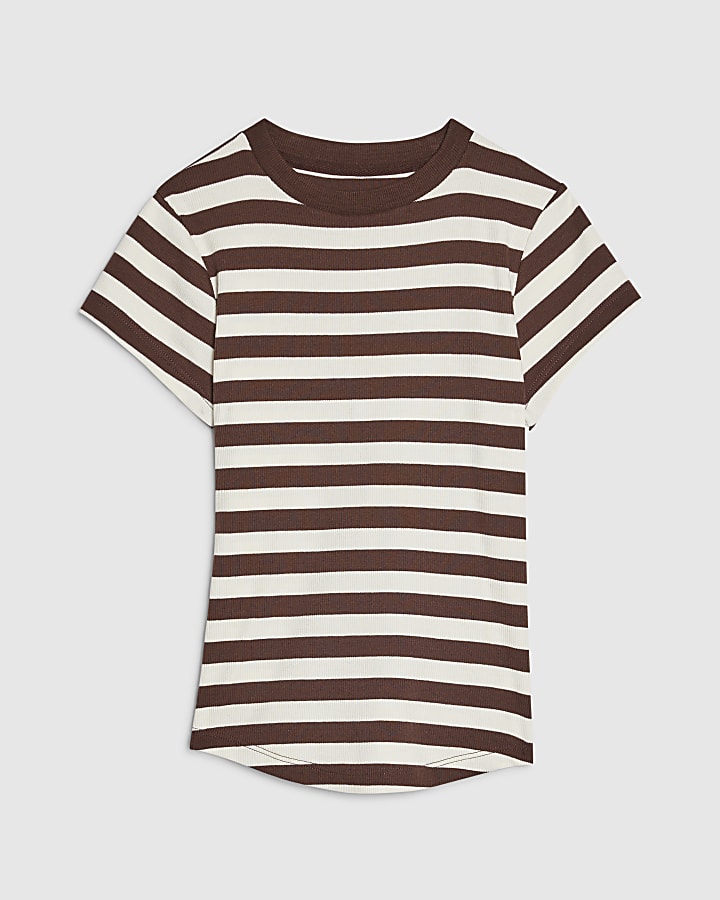 Brown Short Sleeve Fitted Striped Ribbed Top