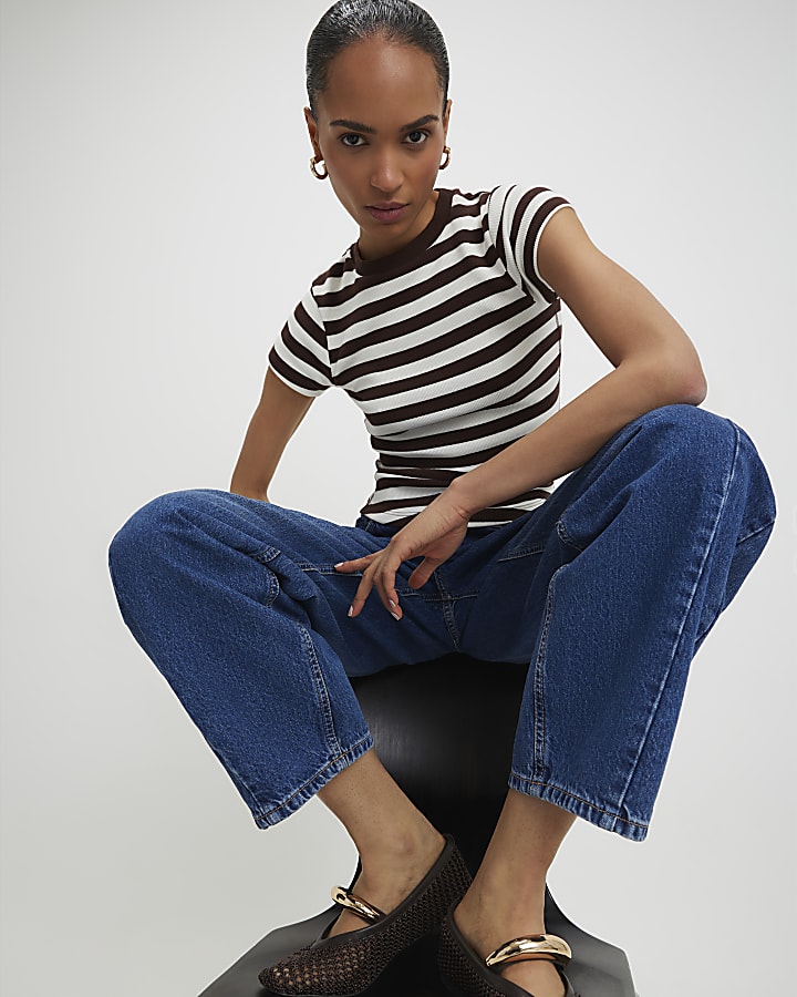 Brown Short Sleeve Fitted Striped Ribbed Top