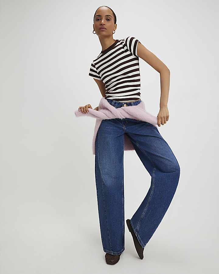 Brown Short Sleeve Fitted Striped Ribbed Top