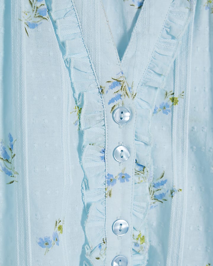 Blue Floral Frill Short Sleeve Blouse