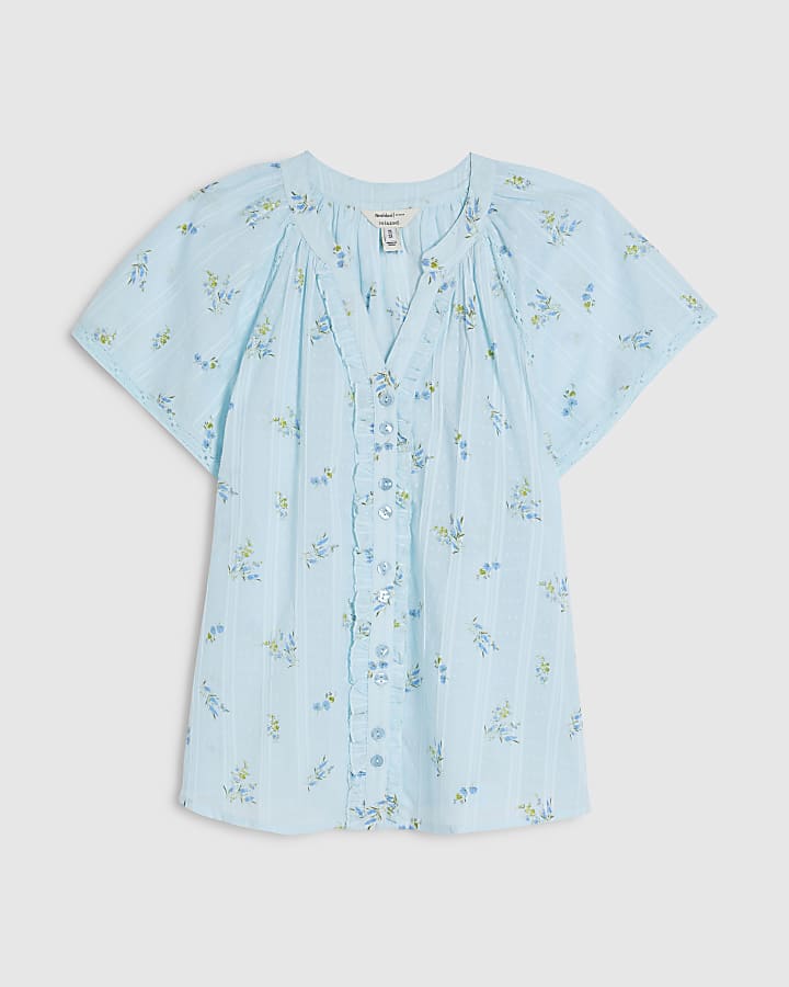 Blue Floral Frill Short Sleeve Blouse