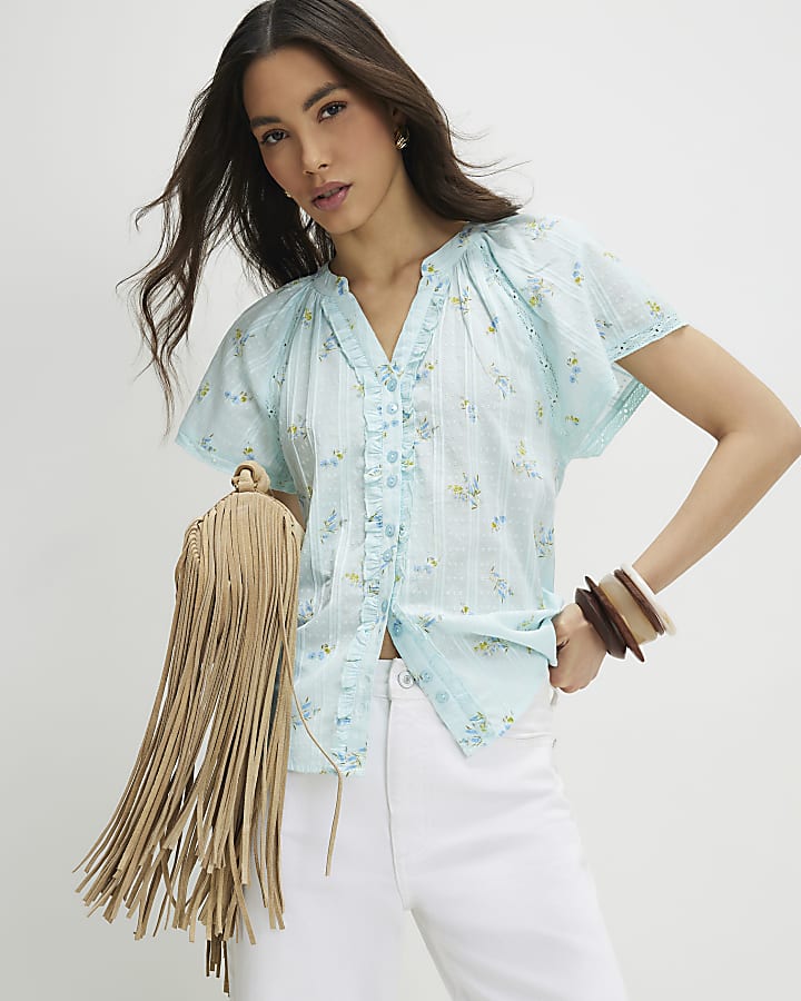 Blue Floral Frill Short Sleeve Blouse