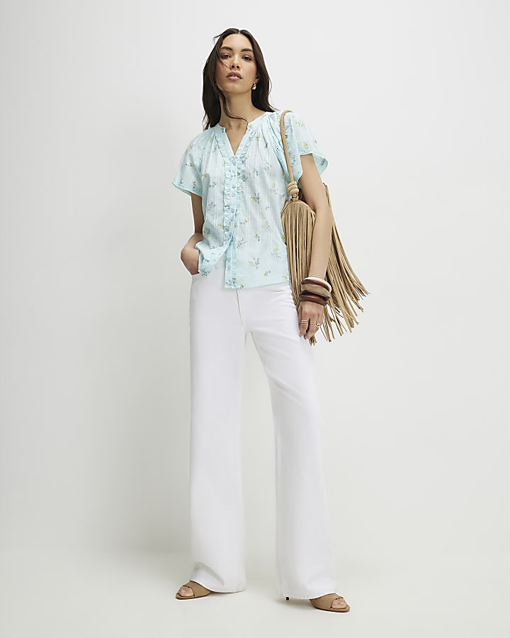 Blue Floral Frill Short Sleeve Blouse