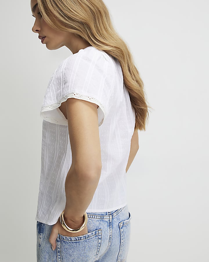 White Frill Detail Short Sleeve Blouse