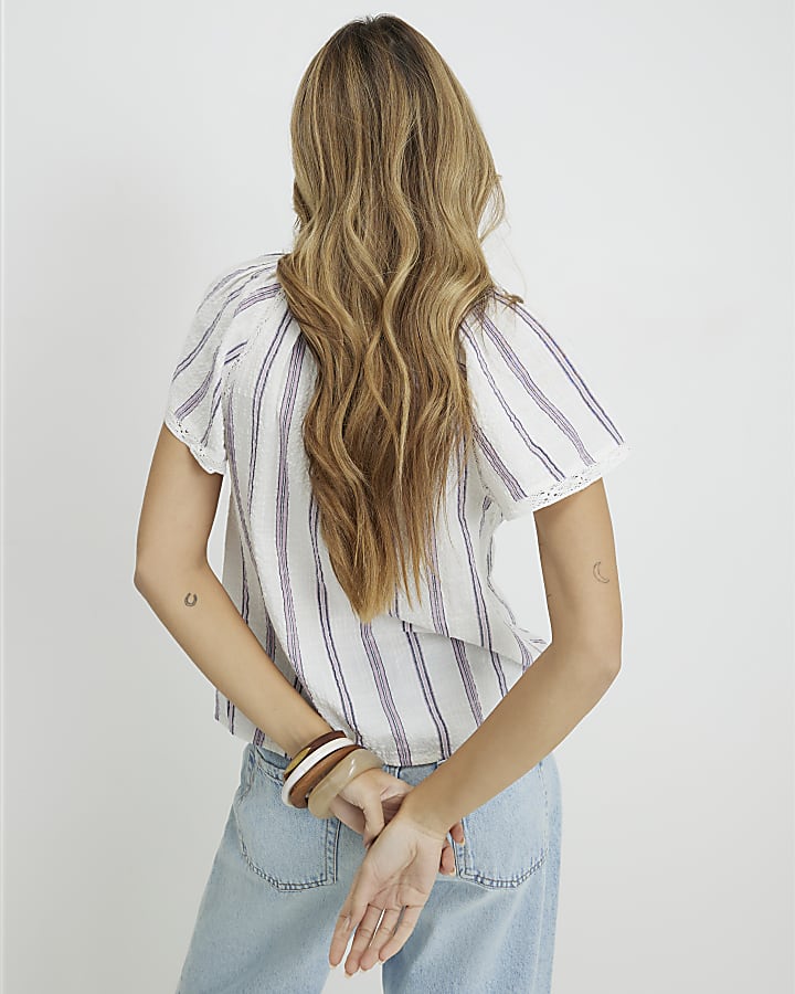 Cream Striped Short Sleeve Frill Top