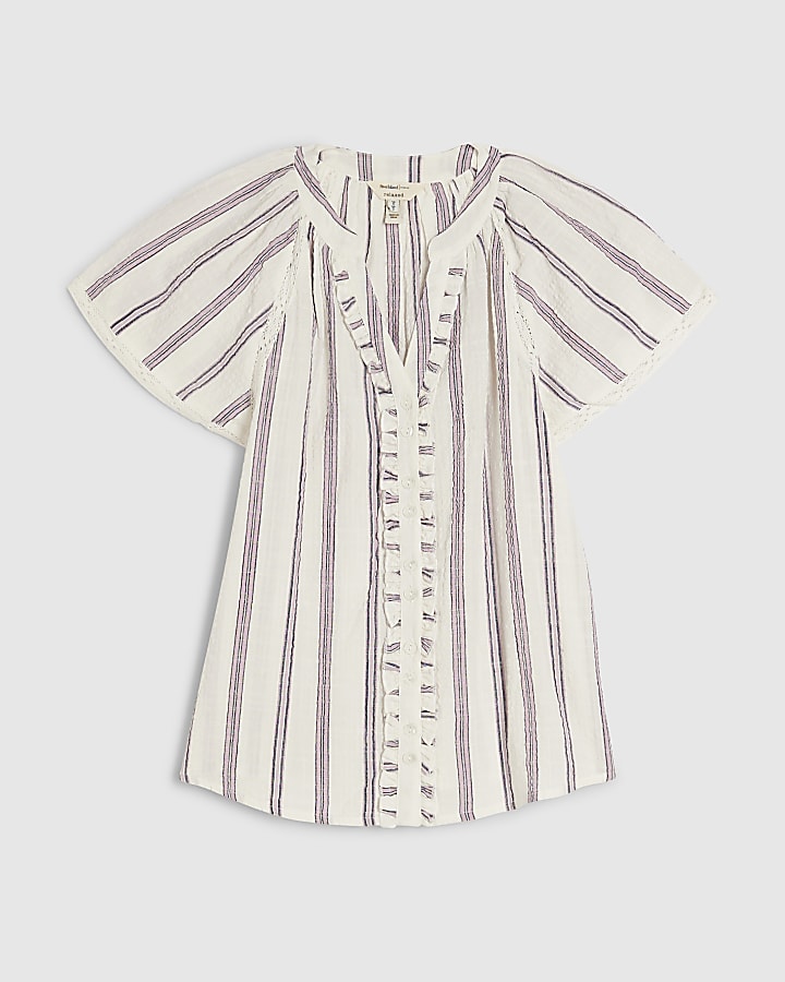 Cream Striped Short Sleeve Frill Top