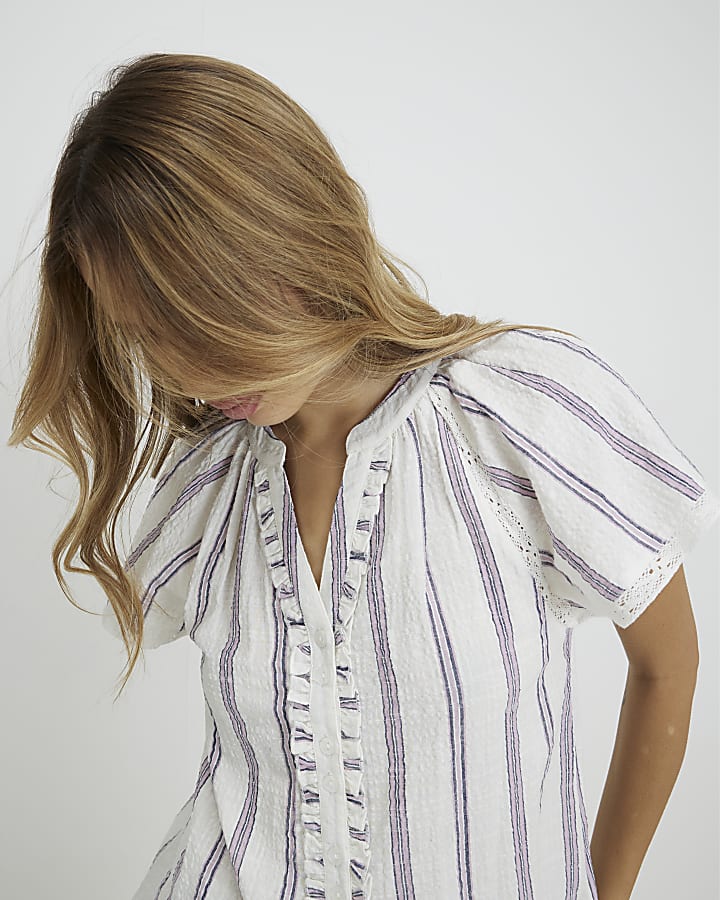 Cream Striped Short Sleeve Frill Top