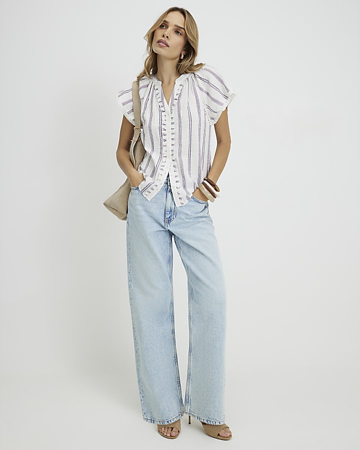 Cream Striped Short Sleeve Frill Top