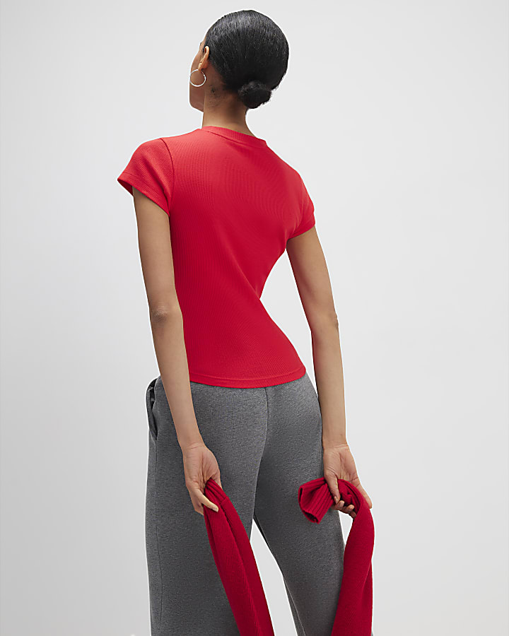 Red Fitted Ribbed T-shirt