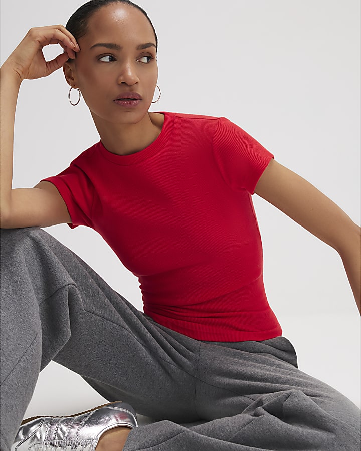 Red Fitted Ribbed T-shirt