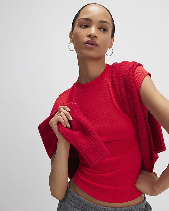 Red Fitted Ribbed T-shirt