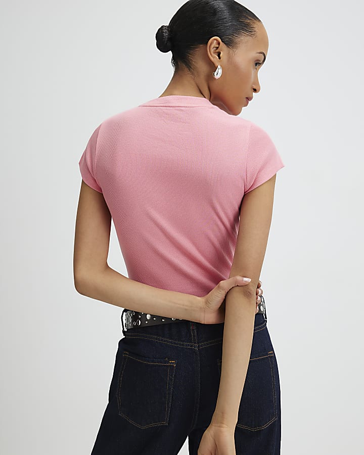 Pink Short Sleeve Fitted Ribbed T-shirt
