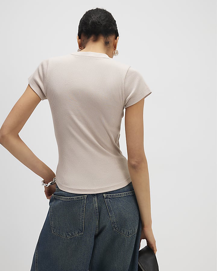 Beige Fitted Ribbed T-shirt