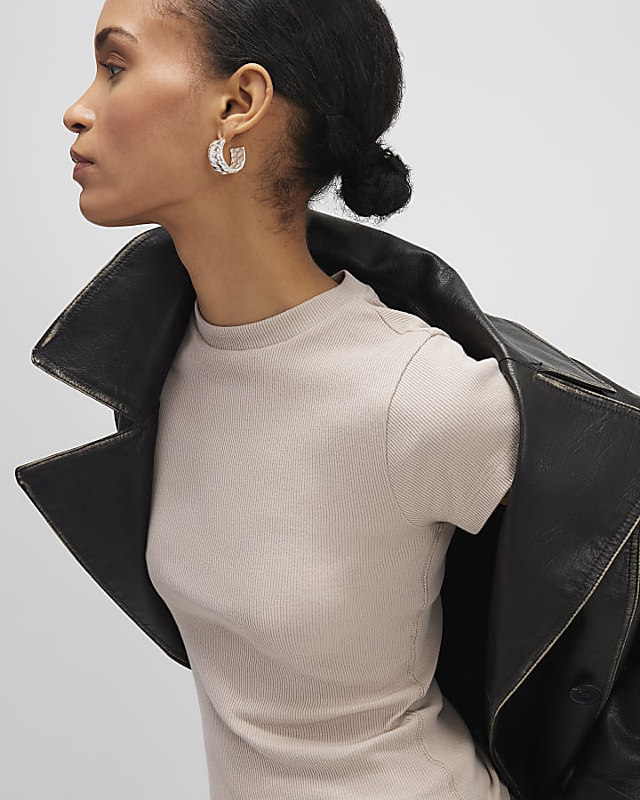 Beige Fitted Ribbed T-shirt