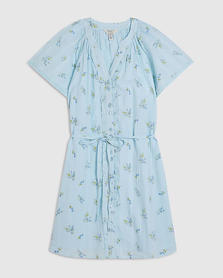 Blue Floral Short Sleeve Mini Dress