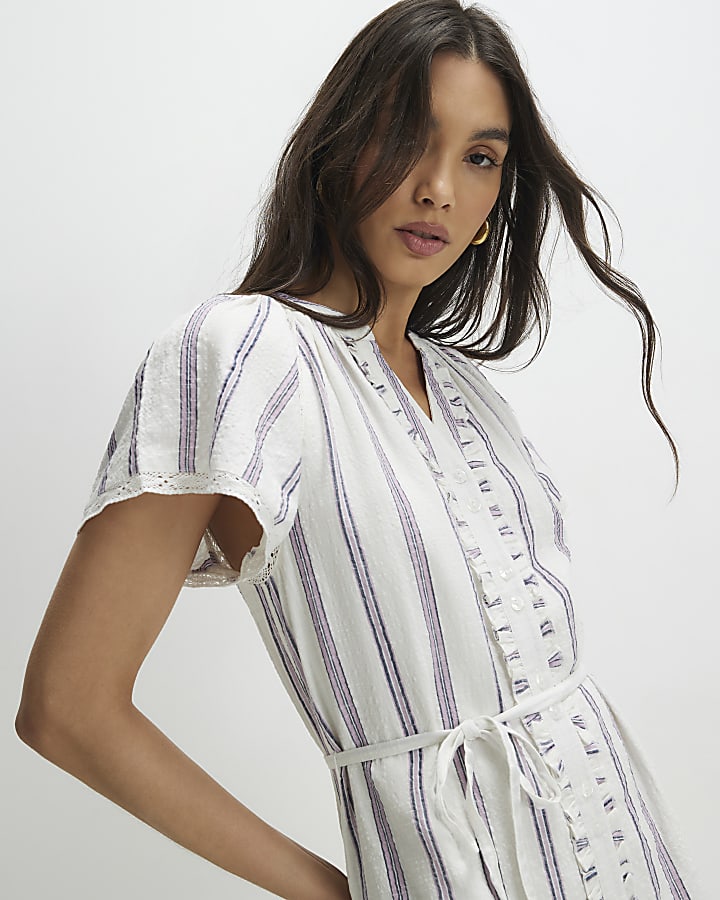 Cream Short Sleeve Striped Mini Dress