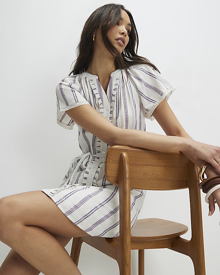 Cream Short Sleeve Striped Mini Dress