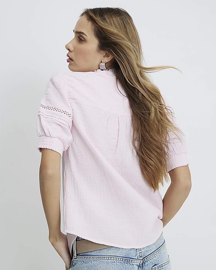 Pink Frill Collar Short Sleeve Blouse