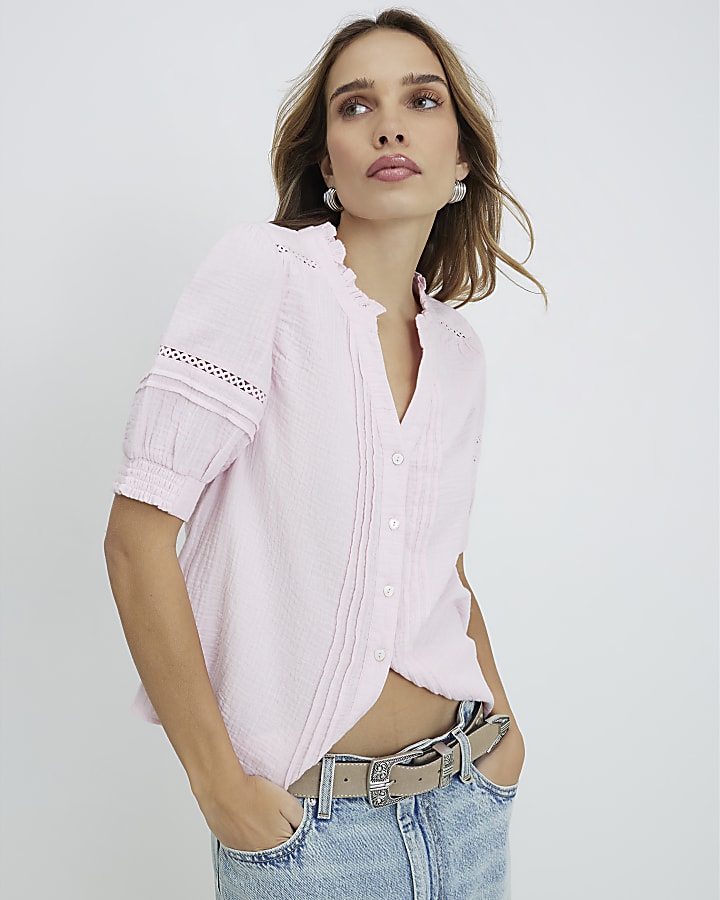 Pink Frill Collar Short Sleeve Blouse
