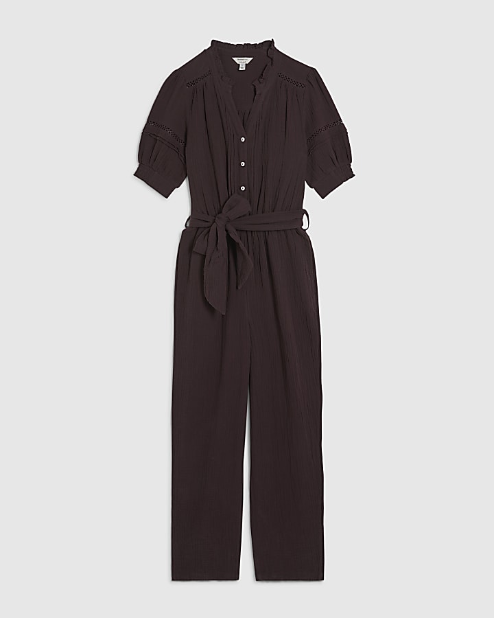 Brown Textured Wide Leg Jumpsuit