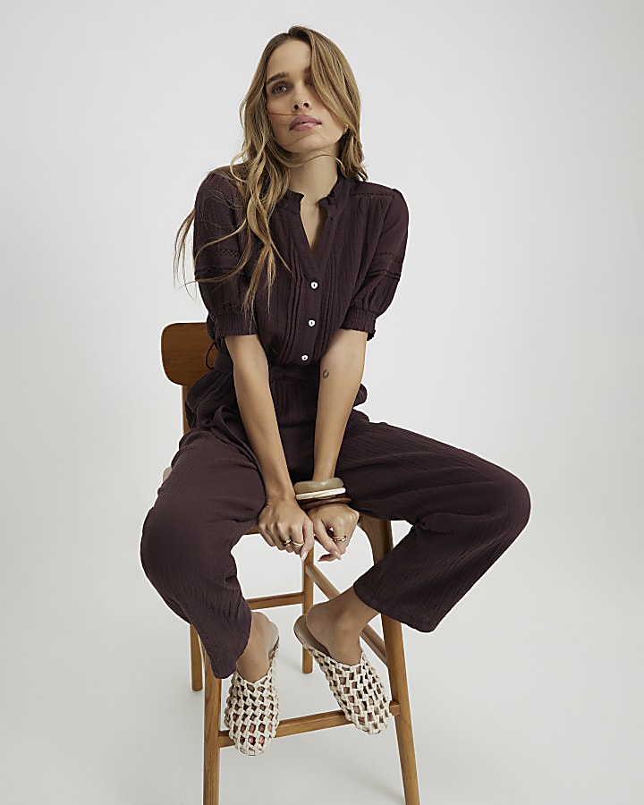 Brown Textured Wide Leg Jumpsuit