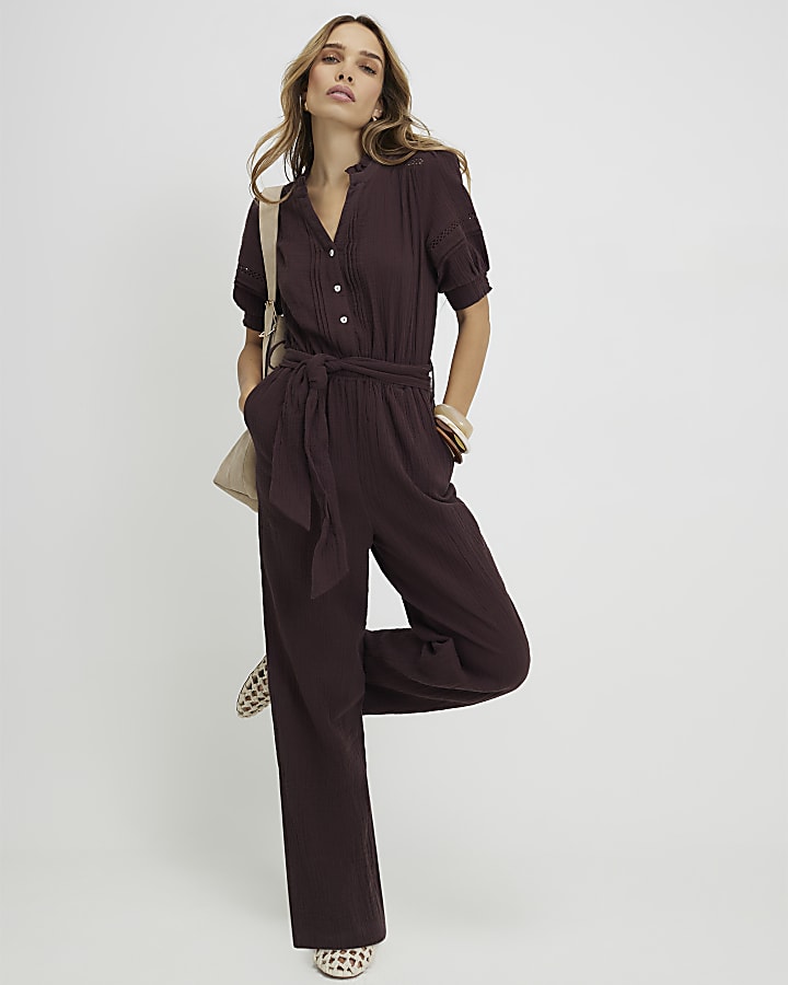 Brown Textured Wide Leg Jumpsuit