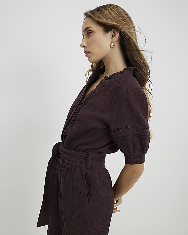 Brown Textured Wide Leg Jumpsuit