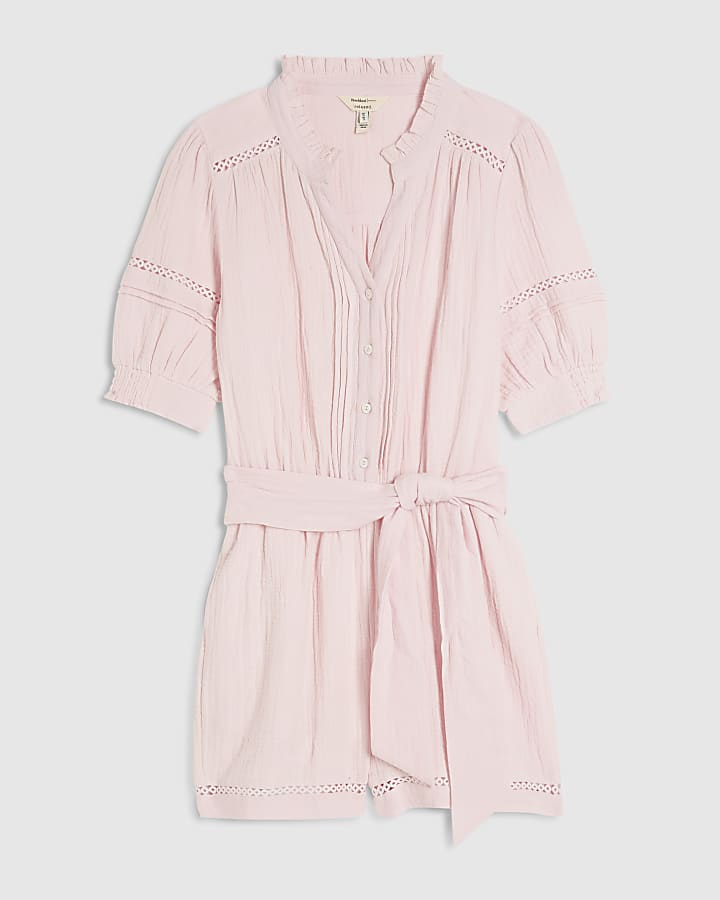 Pink Textured Tie Waist Playsuit