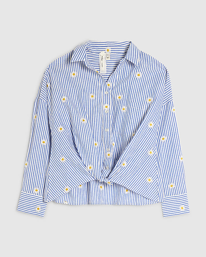 Blue Striped Daisy Embroidered Knot Shirt
