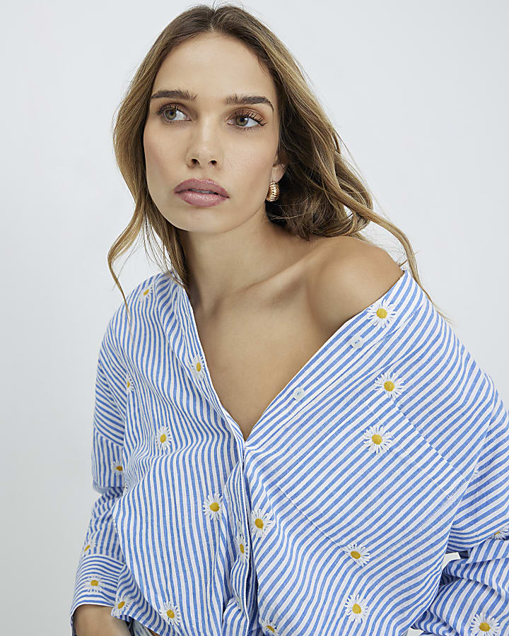 Blue Striped Daisy Embroidered Knot Shirt